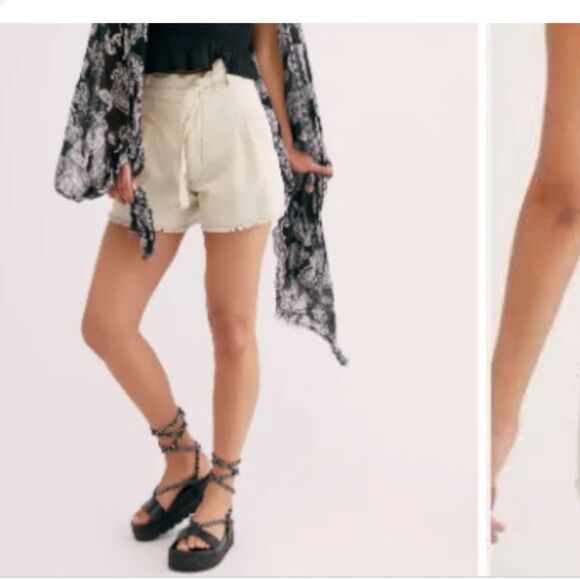 NWOT Free people one Penny high waist tie cream ivory long Raw Hem shorts 6 - Picture 3 of 14